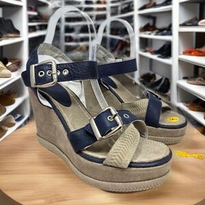 Blackstone Womens Wedge Platform Sandel Sz 38=8 Blue & Tan Leather Suede Adj.